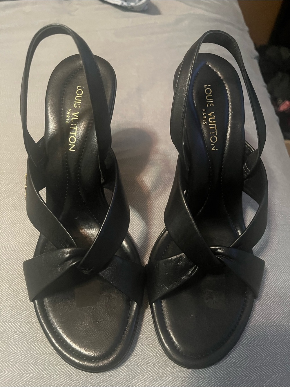 Louis Vuitton Black Crisscross Leather Slingback Heels